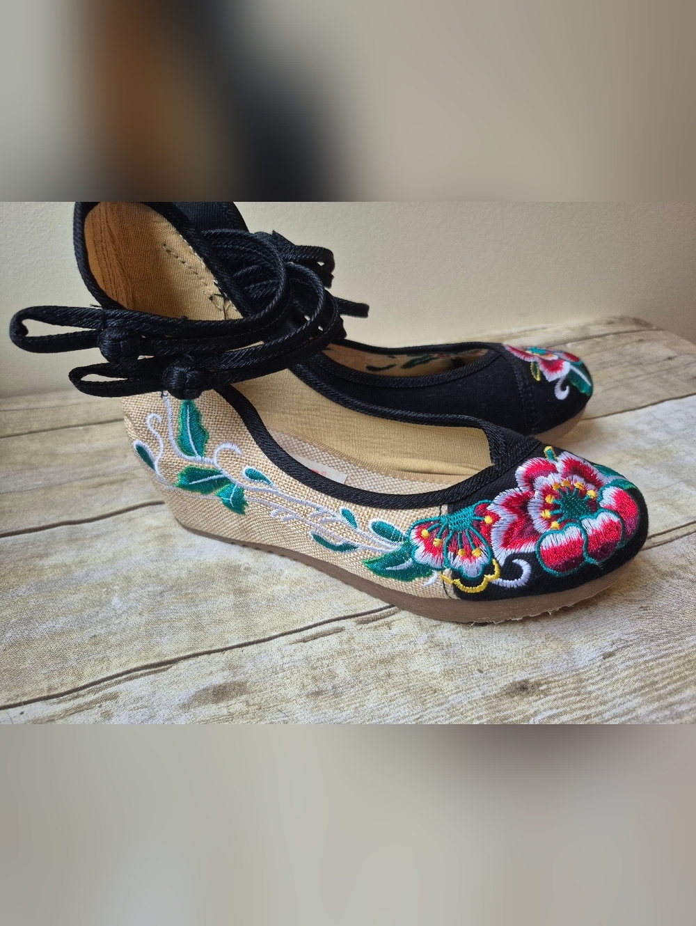 Black Embroidered Floral Ankle-Tie Wedges - Picture 11 of 14